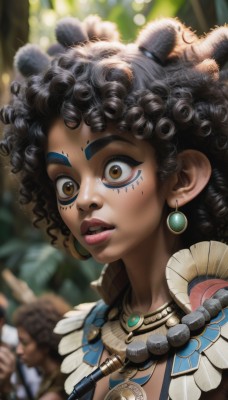 1girl,solo,long hair,looking at viewer,black hair,animal ears,brown eyes,jewelry,upper body,earrings,parted lips,teeth,dark skin,necklace,blurry,dark-skinned female,lips,eyelashes,depth of field,blurry background,facial mark,thick eyebrows,feathers,portrait,curly hair,nose,facepaint,tribal,short hair,solo focus,artist name,makeup,bodypaint