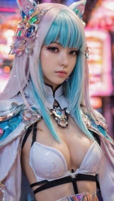 1girl,solo,long hair,breasts,looking at viewer,bangs,hair ornament,animal ears,cleavage,brown eyes,jewelry,medium breasts,closed mouth,underwear,blue hair,upper body,white hair,multicolored hair,blunt bangs,bra,armor,blurry,two-tone hair,lips,aqua hair,blurry background,fake animal ears,gem,white bra,realistic,swimsuit,bikini,artist name,cape,black eyes,grey eyes,depth of field,white bikini,shoulder armor,nose