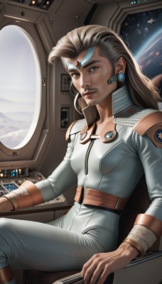 1girl,solo,long hair,breasts,looking at viewer,brown hair,gloves,brown eyes,jewelry,sitting,earrings,small breasts,signature,lips,bodysuit,facial hair,headset,science fiction,circlet,realistic,nose,mustache,pilot suit,space,planet,earth (planet),spacecraft,spacesuit,cockpit,pilot,blue eyes,black hair,artist name,dark skin,dark-skinned female,window