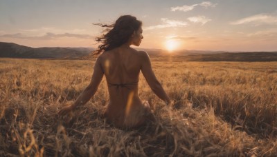 1girl,solo,long hair,brown hair,black hair,bare shoulders,jewelry,sitting,swimsuit,bikini,earrings,outdoors,sky,cloud,dark skin,from behind,dark-skinned female,floating hair,black bikini,back,sunlight,grass,wind,scenery,bikini top only,sunset,mountain,realistic,sun,facing away,field,mountainous horizon,wheat,monochrome,upper body,cloudy sky,lens flare,backlighting,bare back