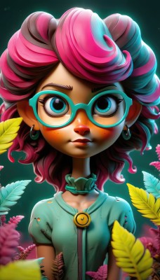 1girl,solo,breasts,looking at viewer,short hair,blue eyes,shirt,jewelry,closed mouth,green eyes,blue hair,collarbone,upper body,pink hair,flower,short sleeves,multicolored hair,earrings,small breasts,frills,glasses,choker,artist name,blurry,two-tone hair,aqua eyes,lips,gradient,eyelashes,makeup,depth of field,leaf,watermark,plant,lipstick,web address,eyeshadow,personification,freckles,curly hair,nose,blue-framed eyewear,puffy sleeves,collar,puffy short sleeves,hoop earrings