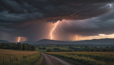 outdoors,sky,cloud,tree,no humans,cloudy sky,grass,nature,scenery,forest,sunset,mountain,electricity,road,field,lightning,landscape,mountainous horizon,path,hill,horizon