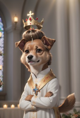 solo,long sleeves,1boy,animal ears,brown eyes,jewelry,standing,tail,upper body,flower,male focus,indoors,blurry,no humans,depth of field,blurry background,animal,crossed arms,cross,crown,dog ears,furry,dog,dog tail,robe,candle,furry male,animal focus,white robe,church,candlestand,priest,brown hair,artist name,necklace,single hair bun,gem,cross necklace,brown fur