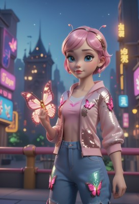 1girl,solo,breasts,looking at viewer,short hair,bangs,blue eyes,shirt,navel,jewelry,closed mouth,standing,collarbone,jacket,pink hair,cowboy shot,hairband,earrings,small breasts,outdoors,open clothes,sky,shorts,midriff,pants,artist name,blurry,open jacket,lips,crop top,torn clothes,eyelashes,makeup,night,depth of field,blurry background,swept bangs,bug,denim,animal print,building,butterfly,night sky,arm at side,blue shorts,denim shorts,pink shirt,jeans,pink lips,city,nose,antennae,railing,pink jacket,neon lights,butterfly on hand,smile,long sleeves,medium breasts,white shirt,heart,hand up,signature,buttons,shadow,watermark,web address,light particles,pocket,brown jacket,realistic,unzipped,shirt tucked in,road,cityscape,open cardigan,skyscraper,sleeves past elbows,flower earrings,deviantart username,glowing butterfly