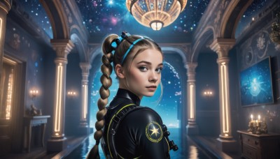 1girl,solo,long hair,looking at viewer,blue eyes,blonde hair,brown hair,hair ornament,upper body,braid,hairband,sky,looking back,indoors,from behind,star (symbol),uniform,twin braids,lips,single braid,bodysuit,night,star (sky),scenery,starry sky,reflection,realistic,nose,clock,candle,leather,constellation,black hair