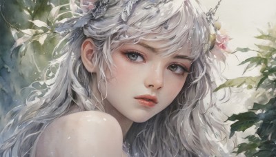 1girl,solo,long hair,looking at viewer,bangs,hair ornament,bare shoulders,flower,white hair,grey hair,parted lips,hair flower,black eyes,lips,looking to the side,grey eyes,eyelashes,leaf,plant,portrait,close-up,realistic,nose,red lips,wavy hair,white flower,freckles,branch