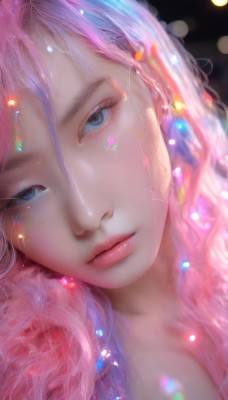 1girl,solo,long hair,breasts,looking at viewer,bangs,blue eyes,cleavage,closed mouth,pink hair,multicolored hair,parted lips,artist name,tears,blurry,lips,head tilt,eyelashes,makeup,portrait,light particles,close-up,realistic,nose,depth of field,lens flare,bokeh