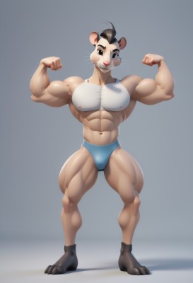 solo,looking at viewer,smile,short hair,simple background,black hair,1boy,navel,animal ears,closed mouth,underwear,nipples,standing,tail,full body,male focus,thighs,artist name,grey background,stomach,black eyes,covered nipples,muscular,thick thighs,abs,pectorals,muscular male,bara,furry,clenched hands,large pectorals,bulge,animal hands,mouse ears,furry male,body fur,male underwear,male swimwear,biceps,whiskers,brown fur,briefs,thick arms,buck teeth,flexing,grey fur,no humans,swim briefs