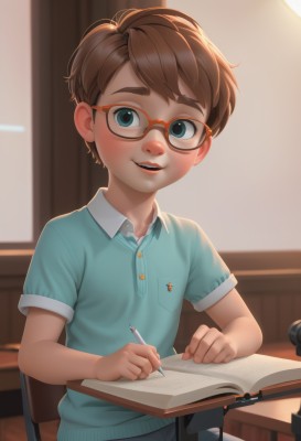 solo,looking at viewer,blush,smile,short hair,open mouth,bangs,blue eyes,brown hair,shirt,1boy,holding,sitting,short sleeves,male focus,parted lips,glasses,shorts,teeth,collared shirt,pants,artist name,indoors,blurry,book,buttons,blurry background,upper teeth only,chair,thick eyebrows,blue shirt,wing collar,child,desk,freckles,pocket,open book,green shirt,pen,classroom,breast pocket,school desk,male child,pencil,on chair,brown-framed eyewear,upper body,window,red-framed eyewear,mechanical pencil