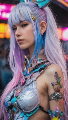 1girl,solo,long hair,breasts,looking at viewer,bangs,hair ornament,bare shoulders,jewelry,blue hair,upper body,pink hair,multicolored hair,earrings,mole,blurry,two-tone hair,lips,grey eyes,tattoo,gradient hair,makeup,blurry background,piercing,armlet,realistic,nose,blue eyes,medium breasts,purple hair,parted lips,necklace,armor,from side,eyelashes,ear piercing,science fiction,fantasy