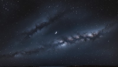 outdoors,sky,cloud,tree,no humans,night,moon,star (sky),night sky,scenery,starry sky,crescent moon,monochrome,greyscale,star (symbol)