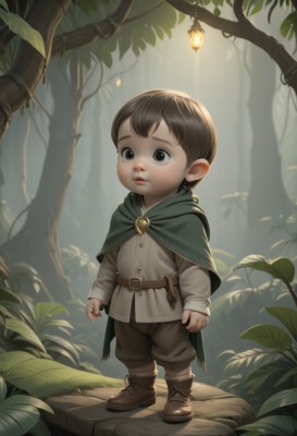 solo,looking at viewer,short hair,brown hair,shirt,long sleeves,1boy,brown eyes,closed mouth,standing,full body,male focus,boots,outdoors,shorts,belt,pants,cape,black eyes,tree,capelet,leaf,brown footwear,plant,child,nature,cloak,forest,pouch,lantern,fantasy,male child,green cape,green capelet,black hair,white shirt,weapon,sheath,realistic,leather boots