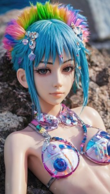 1girl,solo,breasts,looking at viewer,smile,short hair,bangs,blue eyes,hair ornament,bare shoulders,jewelry,closed mouth,blue hair,swimsuit,upper body,sidelocks,bikini,small breasts,shiny,blurry,black eyes,lips,grey eyes,eyelashes,aqua hair,makeup,blurry background,gem,bikini top only,eyeshadow,freckles,realistic,nose,bikini armor,brown eyes,artist name,necklace,feathers,beads,feather hair ornament