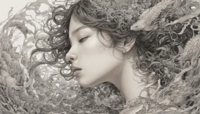 1girl,solo,long hair,monochrome,flower,greyscale,parted lips,from side,lips,profile,floating hair,bird,looking away,plant,portrait,realistic,eyelashes,leaf,fish,surreal