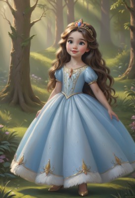 1girl,solo,long hair,looking at viewer,blush,smile,blue eyes,brown hair,dress,jewelry,very long hair,closed mouth,standing,collarbone,full body,flower,short sleeves,outdoors,shoes,day,puffy sleeves,artist name,signature,flat chest,tree,puffy short sleeves,lips,blue dress,watermark,wavy hair,brown footwear,sunlight,grass,tiara,crown,gem,child,nature,forest,curly hair,red lips,princess,brown eyes,parted lips,long dress