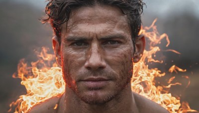 solo,looking at viewer,short hair,black hair,1boy,jewelry,closed mouth,male focus,earrings,blurry,black eyes,blurry background,facial hair,scar,fire,portrait,beard,realistic,stubble,burning,wrinkled skin,brown eyes,scar on face,close-up