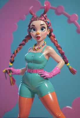 1girl,solo,long hair,breasts,looking at viewer,blue eyes,brown hair,hair ornament,gloves,holding,bare shoulders,twintails,jewelry,medium breasts,standing,braid,pantyhose,red hair,multicolored hair,earrings,parted lips,shiny,belt,dark skin,necklace,twin braids,two-tone hair,dark-skinned female,lips,hand on hip,makeup,blue background,lipstick,forehead,beads,shiny clothes,hoop earrings,hair tie,red lips,overalls,bead necklace,pink gloves,hair beads,multi-tied hair,shirt,very long hair,pink hair,shorts,teeth,artist name,eyelashes,thick eyebrows,tank top,buckle,eyeshadow,legs apart,belt buckle,pink lips,bandaid on face,latex,mascara,orange gloves