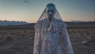 solo,looking at viewer,1boy,jewelry,standing,male focus,outdoors,sky,water,necklace,blurry,no humans,blurry background,beach,veil,realistic,closed mouth,upper body,colored skin,monster,blue skin,alien