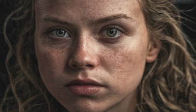 1girl,solo,long hair,looking at viewer,blonde hair,simple background,brown hair,closed mouth,lips,grey eyes,eyelashes,black background,portrait,close-up,freckles,realistic,nose,blue eyes,blurry