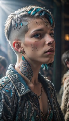 1girl,solo,breasts,looking at viewer,short hair,blue eyes,shirt,jewelry,blue hair,collarbone,jacket,upper body,white hair,grey hair,multicolored hair,earrings,parted lips,open clothes,solo focus,artist name,necklace,blurry,two-tone hair,lips,streaked hair,eyelashes,tattoo,depth of field,blurry background,facial mark,piercing,feathers,freckles,realistic,nose,very short hair,mascara,neck tattoo,denim jacket,teeth,makeup,leather,leather jacket,eyebrow piercing