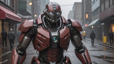 looking at viewer,blue eyes,1boy,upper body,male focus,outdoors,multiple boys,solo focus,armor,blurry,blurry background,glowing,robot,building,mecha,glowing eyes,walking,science fiction,rain,city,realistic,road,police,street,power armor,humanoid robot,depth of field,multiple others,robot joints,cyberpunk