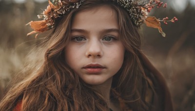 1girl,solo,long hair,looking at viewer,brown hair,hair ornament,brown eyes,closed mouth,flower,parted lips,hair flower,blurry,black eyes,lips,grey eyes,depth of field,blurry background,portrait,freckles,realistic,nose,red lips,eyelashes,leaf,close-up,branch