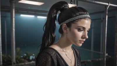 1girl,solo,long hair,looking at viewer,black hair,dress,brown eyes,jewelry,closed mouth,collarbone,upper body,ponytail,earrings,indoors,dark skin,necklace,blurry,black eyes,lips,depth of field,blurry background,headband,portrait,realistic,nose,hair pulled back