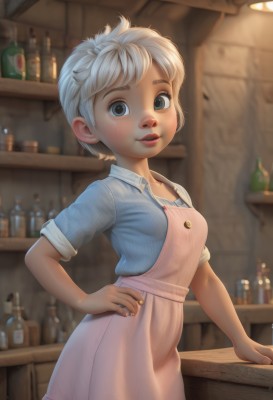 1girl,solo,breasts,looking at viewer,blush,smile,short hair,open mouth,blue eyes,skirt,shirt,white hair,short sleeves,cowboy shot,small breasts,parted lips,teeth,striped,collared shirt,artist name,indoors,blurry,apron,lips,hand on hip,grey eyes,depth of field,blurry background,bottle,blue shirt,sleeves rolled up,pink skirt,freckles,realistic,nose,shelf,bar (place),blonde hair,dress,pink dress,counter