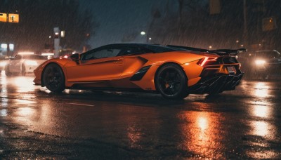 outdoors,no humans,night,ground vehicle,motor vehicle,reflection,rain,car,road,vehicle focus,lamppost,street,sports car,water,from side,wet,scenery,lights