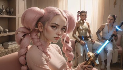 long hair,breasts,looking at viewer,multiple girls,black hair,holding,2girls,twintails,brown eyes,medium breasts,sitting,weapon,pink hair,braid,parted lips,sleeveless,sword,indoors,dark skin,3girls,hair bun,holding weapon,armor,twin braids,sweater,dark-skinned female,lips,book,double bun,holding sword,realistic,toeless legwear,statue,energy sword,lightsaber,brown hair,window,couch,science fiction,energy gun