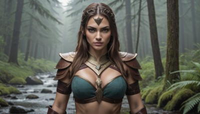 1girl,solo,long hair,breasts,looking at viewer,large breasts,brown hair,cleavage,brown eyes,jewelry,medium breasts,closed mouth,upper body,outdoors,day,midriff,armor,blurry,tree,lips,blurry background,shoulder armor,gem,nature,forest,pauldrons,rock,realistic,nose,bikini armor,shoulder pads,leaf,plant,serious,dirty