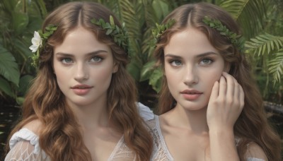 long hair,looking at viewer,multiple girls,brown hair,hair ornament,dress,2girls,brown eyes,collarbone,upper body,flower,parted lips,hair flower,lips,grey eyes,siblings,leaf,wavy hair,plant,sisters,portrait,hand on own face,freckles,twins,realistic,nose,head wreath,green eyes,teeth,signature,parted bangs,nature