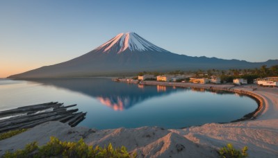 outdoors,sky,day,water,tree,blue sky,no humans,grass,building,nature,scenery,forest,sunset,mountain,road,bridge,river,landscape,mountainous horizon,lake,plant,reflection,evening,reflective water,real world location,mount fuji