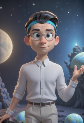 solo,looking at viewer,smile,short hair,shirt,black hair,long sleeves,1boy,closed mouth,standing,white shirt,male focus,cowboy shot,hairband,sky,glasses,collared shirt,belt,pants,artist name,hand up,black eyes,dress shirt,night,buttons,headband,moon,wing collar,child,belt buckle,white pants,brown belt,computer,male child,blue hairband,planet,laptop,earth (planet),blue-framed eyewear,jewelry,bracelet