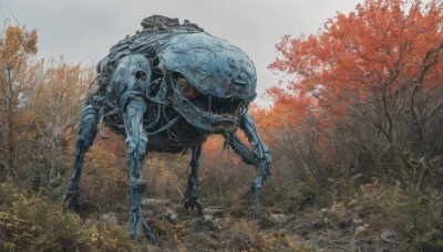 solo,standing,outdoors,teeth,tree,no humans,leaf,robot,nature,mecha,claws,forest,science fiction,monster,realistic,autumn leaves,damaged,non-humanoid robot,sky,day,grass,scenery,autumn