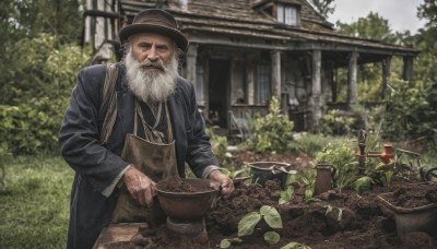 solo,long sleeves,1boy,hat,holding,standing,jacket,white hair,male focus,outdoors,day,apron,tree,coat,black headwear,facial hair,plant,building,beard,mustache,house,old,old man,garden,looking at viewer,leaf,grass,bowl,realistic,basket,wrinkled skin