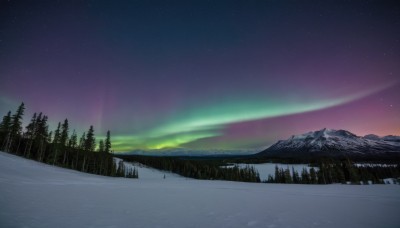 outdoors,sky,cloud,tree,no humans,night,star (sky),nature,night sky,scenery,snow,forest,starry sky,reflection,mountain,winter,landscape,mountainous horizon,lake,pine tree,aurora,water