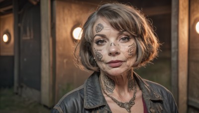 1girl,solo,looking at viewer,smile,short hair,brown hair,brown eyes,jewelry,closed mouth,jacket,upper body,grey hair,earrings,necklace,blurry,black eyes,lips,grey eyes,tattoo,makeup,depth of field,blurry background,denim,blue jacket,portrait,realistic,nose,door,facial tattoo,neck tattoo,denim jacket,bangs,lipstick,messy hair,dirty,leather jacket,dirty face