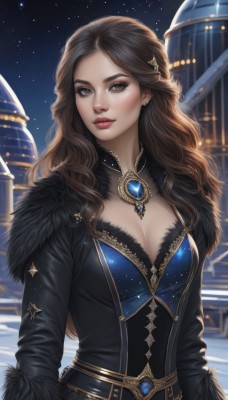 1girl,solo,long hair,breasts,looking at viewer,brown hair,hair ornament,long sleeves,dress,cleavage,brown eyes,jewelry,medium breasts,upper body,earrings,outdoors,parted lips,sky,artist name,necklace,black dress,lips,coat,fur trim,makeup,night,watermark,wavy hair,lipstick,brooch,gem,star (sky),night sky,starry sky,fur collar,curly hair,gold trim,nose,red lips,blue dress,realistic