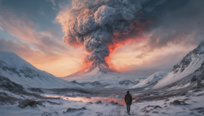 solo, 1boy, standing, outdoors, sky, cloud, scenery, snow, 1other, mountain, ambiguous gender