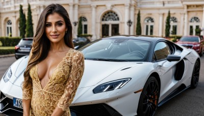 1girl,solo,long hair,breasts,looking at viewer,smile,brown hair,black hair,dress,cleavage,brown eyes,jewelry,medium breasts,upper body,earrings,outdoors,dark skin,blurry,dark-skinned female,lips,makeup,blurry background,ground vehicle,breasts apart,motor vehicle,realistic,center opening,car,vehicle focus,plunging neckline,sports car,day,mole,no bra,building,yellow dress,photo background