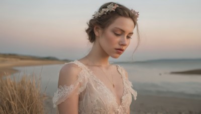 1girl,solo,breasts,short hair,brown hair,hair ornament,dress,cleavage,jewelry,collarbone,closed eyes,upper body,flower,small breasts,outdoors,parted lips,hair flower,water,necklace,white dress,mole,blurry,lips,see-through,depth of field,blurry background,beach,freckles,realistic,lake,brown eyes