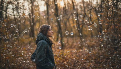 1girl, solo, long hair, brown hair, brown eyes, upper body, hood, blurry, from side, tree, coat, profile, hood down, bubble, realistic, hands in pockets, air bubble