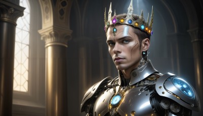 HQ,solo,looking at viewer,blue eyes,black hair,1boy,jewelry,closed mouth,upper body,male focus,earrings,indoors,armor,lips,window,crown,shoulder armor,gem,portrait,science fiction,realistic,android,forehead jewel,cyborg,short hair,brown hair,facial mark,pillar