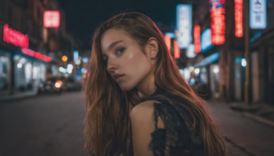 1girl, solo, long hair, looking at viewer, blue eyes, brown hair, jewelry, upper body, earrings, outdoors, looking back, blurry, lips, night, depth of field, blurry background, realistic, nose, road, street, neon lights