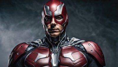 solo,looking at viewer,1boy,closed mouth,upper body,male focus,grey background,armor,bodysuit,mask,helmet,science fiction,realistic,manly,superhero,red bodysuit,black eyes,portrait,straight-on