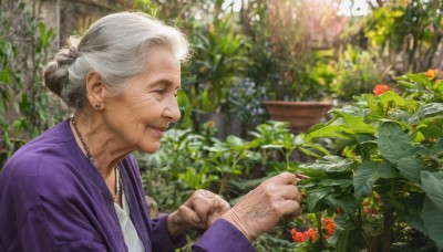 1girl,solo,smile,shirt,long sleeves,jewelry,jacket,closed eyes,white shirt,upper body,flower,white hair,grey hair,earrings,outdoors,day,necklace,hair bun,blurry,from side,tattoo,profile,depth of field,blurry background,single hair bun,ring,cardigan,plant,realistic,nose,purple jacket,open cardigan,old,old man,old woman,wrinkled skin,short hair,leaf,purple shirt,garden