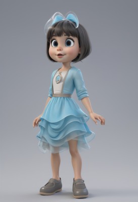 1girl,solo,smile,short hair,open mouth,bangs,skirt,simple background,brown hair,black hair,dress,bow,brown eyes,jewelry,standing,full body,hair bow,parted lips,shoes,blunt bangs,grey background,necklace,black footwear,black eyes,lips,blue skirt,see-through,gradient,gradient background,blue dress,blue bow,child,pendant,female child,looking at viewer,blue eyes,brown footwear