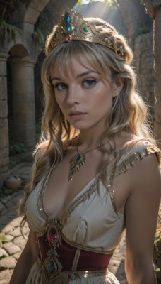 1girl,solo,long hair,breasts,looking at viewer,bangs,blue eyes,blonde hair,dress,cleavage,bare shoulders,jewelry,medium breasts,upper body,earrings,small breasts,outdoors,parted lips,sleeveless,day,artist name,necklace,white dress,blurry,lips,eyelashes,sleeveless dress,sunlight,tiara,crown,gem,corset,pendant,freckles,light rays,realistic,nose,pillar,arch,column,blush,breasts apart