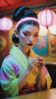 1girl,solo,looking at viewer,blue eyes,black hair,closed mouth,upper body,hairband,japanese clothes,indoors,wide sleeves,kimono,hair bun,nail polish,mole,blurry,black eyes,lips,sash,mole under eye,makeup,blurry background,obi,floral print,single hair bun,own hands together,lipstick,red nails,eyeshadow,yukata,lantern,realistic,red lips,lamp,print kimono,hair pulled back,green kimono,paper lantern,yellow kimono,updo,fingernails,thick eyebrows,black nails,nose